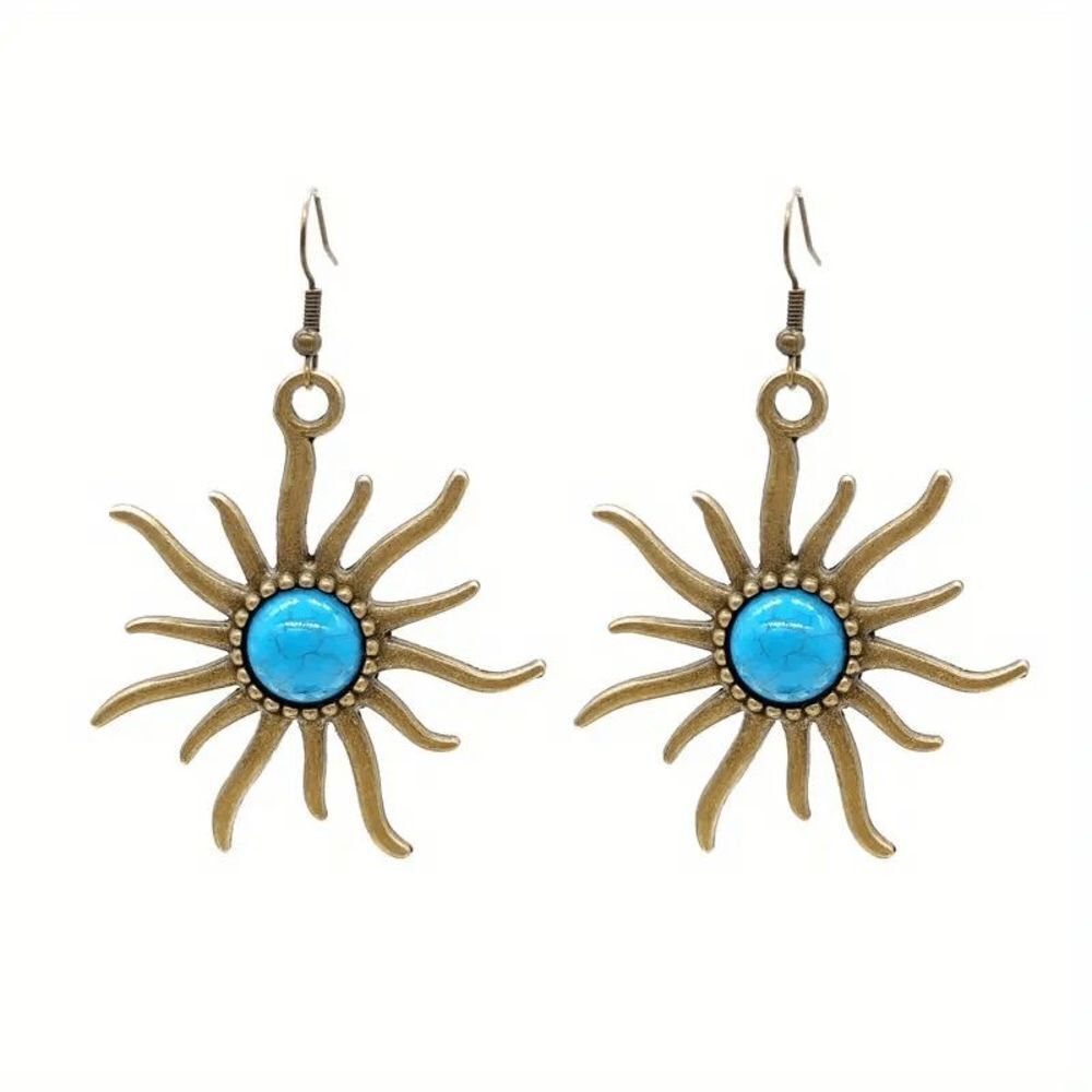 Boho Antique Gold Sun Turquoise Dangle Earrings